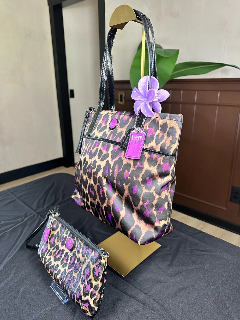 Coach Taylor Ocelot Leopard Print Tote + Matching Wristlet Set 🐆💜